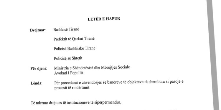 Letër e hapur për respektimin e standardeve ligjore të zhvendosjes së familjeve